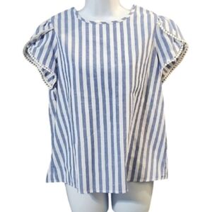 Blue and White Striped Blouse with Pompom Trim